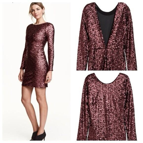 H&M Fitted Long Sleeve Sequined Mini Dress Bronze Brown Sz 8 Low Back Vegas Glam - Picture 1 of 12